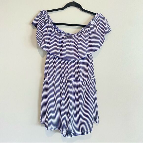 La Vie En Rose Aqua Coastal Stripe Off The Shoulder Romper - Picture 2 of 7